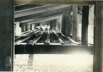'Interior of roosting room of T-shaped poultry house. Note the height of the perches from the floor and the open space between perches and support on which they rest.' From photo album labeled 'Stewart A. Cody, County Agent, Jackson County, 1912.'