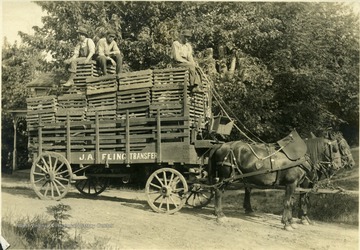 'A load of chickens. One week's shipment of one produce dealer in Ravenwood. Week ending July 18.'  From photo album labeled, 'Stewart A. Cody, County Agent, Jackson County, 1912.' Horse Drawn J. A. Fling Wagon.