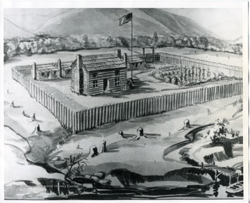 Drawing of Fort Lee; erected by George Clendenin on a site within Charleston, West Virginia.