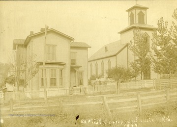 Baptist Church on Bridge Street, Shinnston, W. Va. taken in 1899 by James Lincoln Madden '1861-1945'. The Present Baptist Church is located on Rebecca Street'1977'.