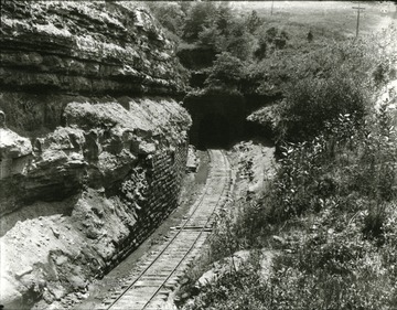 A view of railroad tracks leading into the Board-Tree Railroad Tunnel near the Wetzel County line.