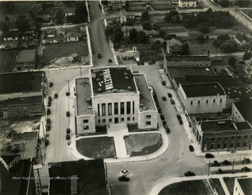A view of the courthouse in Princeton from 500 feet. 'This photograph was in an envelope adressed to Mr. Anderson of The Bluefield Daily Telegraph in Princeton, from Tom Bowling of Montgomery, Alabama.'