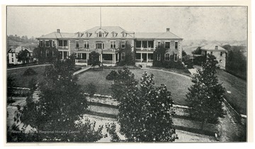 A view of the Fairmont Hospital No. 3 in Fairmont, West Virginia. 'Fairmont Hospital No. 3: C.M. Ramage, M.D., Superintendent. This institution is located in Fairmont, Marion County, and is reached by the Baltimore and Ohio Railroad, and by the lines of the Monongahela Valley Traction Company. Number of patients treated during June 1918 were 81.'