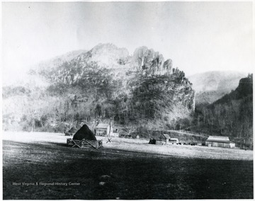 'This is Seneca Rocks in the background with Middle rock which fell some years back. Leonard and Phebe Hinkle Harper lived in this home for 4 years.  They were married in 1816.'