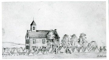 Drawn by an eyewitness to the Battle of Rich Mountain. Several Confederate Prisoners of War were held in the school and camp.