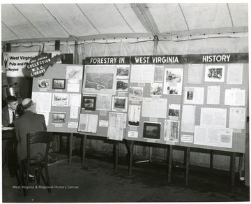 'West Virginia Collection, West Virginia University Library, display on forestry in West Virginia.  Gerald Ham at desk (not the bald one.) Publicity and Advertising Dept. Monongahela Power Company, Fairmont, W. Va.'