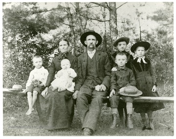 I. Taylor Hammer family, taken behind Ruddle Presbyterian Church.  Pictured Left to Right:  Fred Hammer, Fanny (Conrad) Hammer, Walter Hammer, I.T. Hammer, Curtis Hammer, Mollie Hammer, Bessie (Hammer) Bowers.