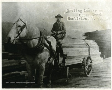Horse and driver hauling stacks of cut lumber.