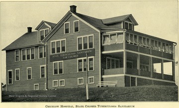 'State Colored Tuberculosis Sanitarium.  B. A. Crichlow, M. D. Superintendent.  This institution is located at Denmar, Pocohontas County, on the Greenbrier Division of the Chesapeake and Ohio Railroad.  Connections are made at Ronceverte, coming east, and Durbin going west.  All trains stop at Denmar, which is also the post office.  The telegraph office is Beard.  Number of patients, June 30, 1924 is 39.'