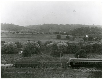 A train traveling through fields. 'Railroads were the principal way that West Virginians traveled in the early twentieth century.  The Little Kanawha Railroad was built in 1893 and abandoned in 1933.'