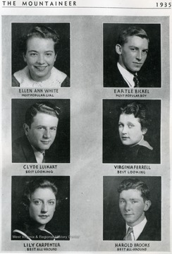 Students pictured are as follows:  'Ellen Ann White, Eartle Bickel, Clyde Luikart, Virginia Ferrell, Lily Carpenter and Harold Brooks.'