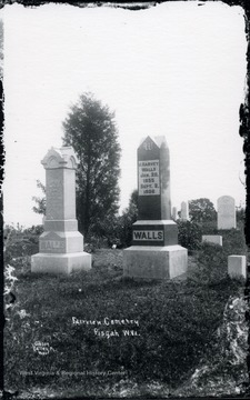 View of headstones at Fairview cemetary.  'J. Harvey Walls January 20, 1855- September 2, 1908'