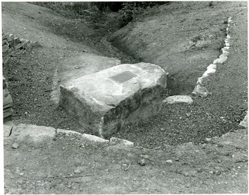 Fairfax Stone, Tucker County, West Virginia.  Gulley leading from the stone is head spring of the Potomac.  The stone is located at the corner of the West Virginia/Maryland boundary 3 miles off U. S. Route 219 between Thomas, West Virginia and Red House, Maryland.