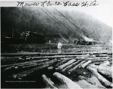Unidentified man stands on a pier in the sawmill "pond".