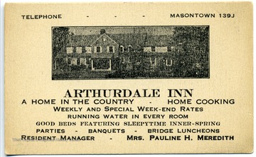 A business card for the Arthurdale Inn. 
