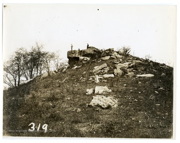 'View of Dorsey's Knob. The Indian graves were opened by the late Hu Maxwell, in which were found a few bows. This information was obtained from C.H. Maxwell by R.A. West, may 26. 1935.'
