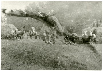 "This farm is located between Laurel Point and Little Indian Creek off the old Morgantown-Fairmont Pike.  The farm descended to his son, John Fox, and then to John's son Gilbert Fox.  In those times (ca. 1900s) the neighbors helped one another harvest.  It took considerable horse power and man power to get all the hay stacked." 