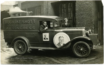 Republican Campaign Truck for Hoover and Shott. The truck reads 'Hugh Ike Shott Republican candidate for congress,' "there is no substitute for experience,' and 'never sacrifices stability for expediency.'