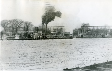 "Campbell's Creek Coal Company's Steamers 'E.R. Andrews', and 'D.T. Lane, (and their coal harbor,) Point Pleasant, West Virginia, during Ice Run Out."