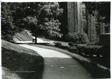 View of campus walks, Elizabeth Moore Hall is straight ahead and Armstrong Hall is on the right.