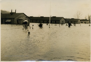 A man stands in water up to his knees in flood waters by the barracks at Camp Crawford.  Camp Crawford was a base for Company 1512 in the Charleston District, Fifth Corps Area.
