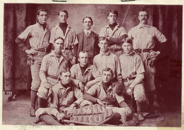 'The baseball team of the West Virginia University of 1900 was the best nine that has has ever represented this institution. W.V.U. claims the college championship of Ohio, West Virginia and Western Pennsylvania. The team lost but two games to college teams, and one to professionals. It was composed of the following men: Peck-Catcher, Bowman-Pitcher, Miller-First Base, Crossland-Second Base, McWhorter-Third Base, Deming-Short Stop and Left Field, Prints-Center Field, Hodges-Right Field, Yeager, Brown, Neale, McGregor-Substitutes.'