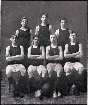 James H. Riddle, Captain; Beryl Crowl, Manager; Grigg- forward, Riddle- forward, Gaskins- center, Crowl- guard, Tobin- guard.  Substitutes- Naylor, Pritchard and T. Starbuck.  1908 Season