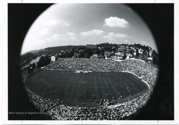 West Virginia University Mountaineer football game photograph taken from the Press Box.