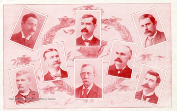 Portraits of members of the West Virginia University Board of Regents. Top to bottom, left to right are: C.B. Hart; George F. Evans; C.L. Smith; Jas.F. Brown; John A. Robinson; Jas. H. Stewart; W.E. Haymond; and S.F. Reed.