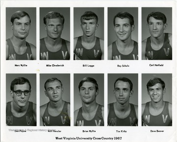 Group portrait of the 1967 West Virginia University Cross Country Yeam. Members include top row: Marc Wyllie, Mike Chvalevich, Bill Legge, Ray Schultz, Carl Hatfield. Bottom row: Dan Payne, Walt Hensler, Brian Wyllie, Tim Kirby, Dave Beaver.