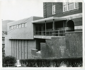 'Rear view of the West Virginia University Bookstore, located at the back of Colson Hall. The bookstore opened on May 27, 1958 and cost $250,000 to built.'