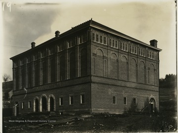 Front view of WVU's Commencement Hall upon completion.