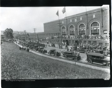 Huge crowd in front of Field House, later named Stansbury Hall, for the inauguration of President Turner.