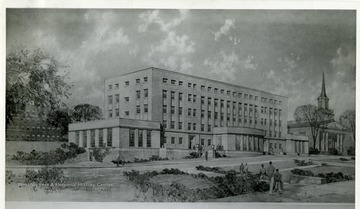 Engraving of the Mineral Industries Building and a church to the right, West Virginia University. Tucker and Silling Architectures.