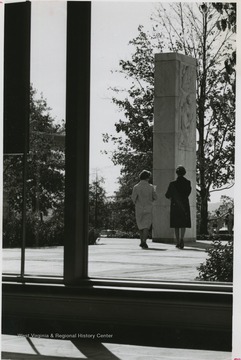 View of two women leaving Medical School at WVU.