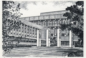 Drawing of the Basic Sciences Building, Medical Center, West Virginia University, on the cover of a Christmas card from President and Mrs. James G. Harlow.