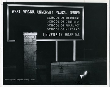 Close-up view of a sign at the Medical Center, West Virginia University.