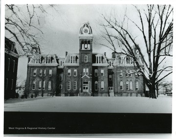 View of Woodburn Hall, West Virginia University on a snowy winter day.
