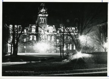 Woodburn Circle, West Virginia University, at night.