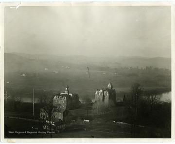 'University Campus about 1890. Negative by John L. Johnston, Professor in Civil Engineering. Negative and the camera used are now in the Physics Department. Print 20 percent enlarged by Molby, 1938.'