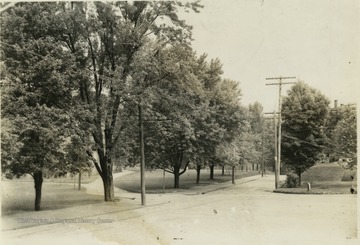 Now location of Stewart Hall. Through the trees are buildings 'left to right': Martin Hall, Science Hall, and Experiment Station.