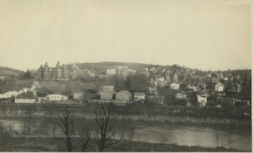 View of WVU from west side.  Main building at left is Woodburn Hall.