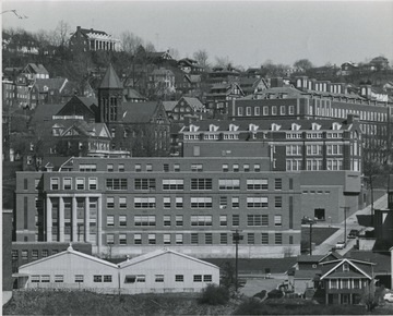 Front left: Engineering building II and  behind it is the Physics building.  Back left to right: President's home, Administration, Law School, Chemistry building.