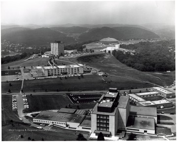 Allen and Percival Halls; Agricultural Engineering and Agricultural Sciences Buildings; Engineering Building; Creative Arts Center; Coliseum all visible.  