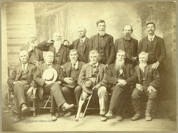 Confederate soldier reunion in Beckley, Raleigh County, W.Va.  Front row, from left to right:  D. P. L. Maynor; Captain Stephen Adams of Lynchburg, Va. and former commonwealth attorney for Raleigh County; Alfred Hurt; James Anderson Gunnoe (lost his leg at the Battle of Cedar Creek); J. W. Sweeney; and Joshua Griffith.  Back row, from left to right:  A. J. Hutchinson; J. E. F. Miller of Sand Branch, Raleigh County; John Prince of Beckley; C. W. Tolley; a veteran named Mann from Summers County, and a non-veteran also named Mann.  Captain Adams commanded Company A of the 30th Virginia Battalion, second of two companies organized in Raleigh County.