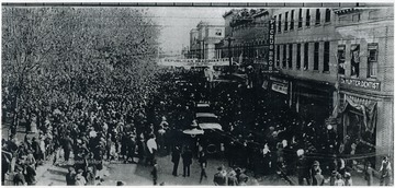 Political rally on Main Street in Beckley.  Regards the 1920 presidential race of Governor J. M. Cox of Ohio against Warren G. Harding.