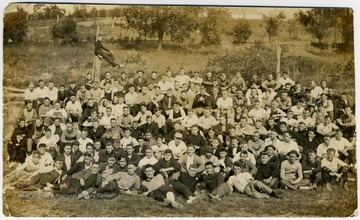 'Men of the Class of 1920, just before the flag rush. This event was held on the old athletic field, in the early fall of 1916.'