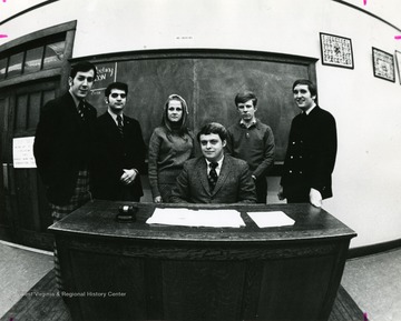 Officers of student legislature from left to right in a back row: Ken Codeluppin;  Pat Esposito; Kathy Mongomery; Jim Herdon; Bill Harrison; seated: Steve Hunter.