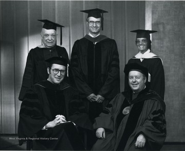 Five receive Vandalia Award on May 15, 1977, standing from left to right: William J. Maier, Jr., John D. Chambers, M.D. and Becky Singleton (received for deceased father); seated from left to right John D. Rockefeller IV, James G. Harlow.