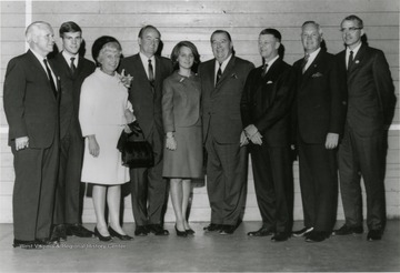 Student Body President David Hardesty with WVU President Heflin, Senator Jennings Randolph, Hubert H. Humphrey and Congressman Harley Staggers, among others.